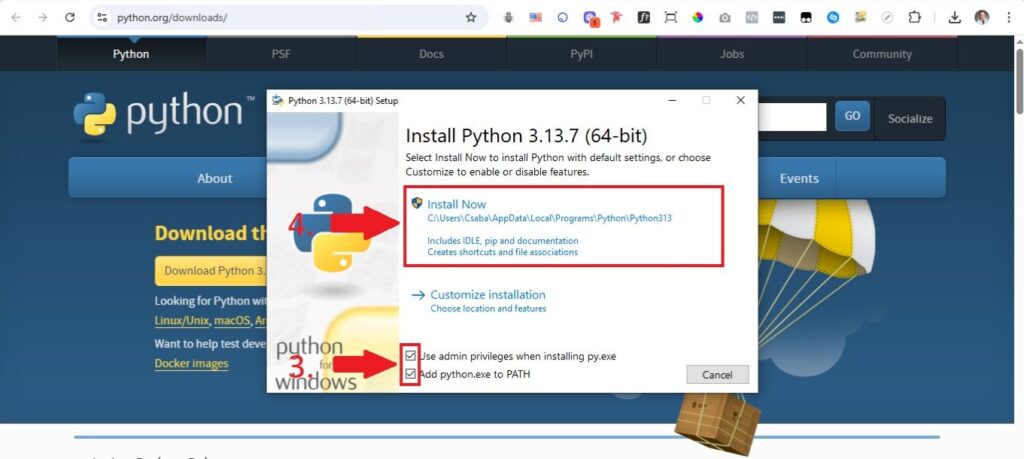 Python telepítési folyamat képernyője