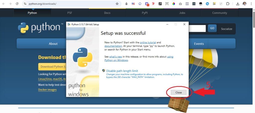 Python telepítése sikeresen befejeződött.