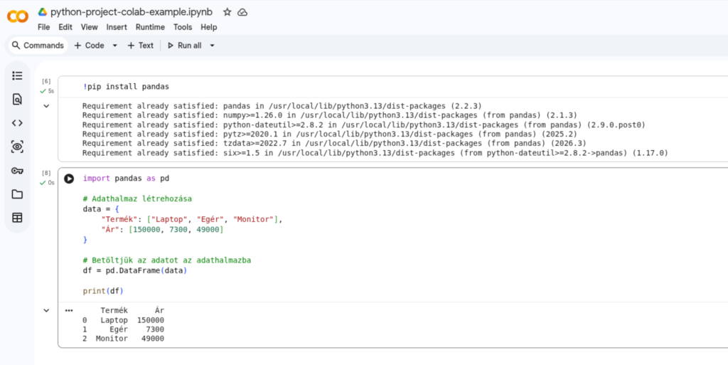 Google Colab python könyvtárak telepítése