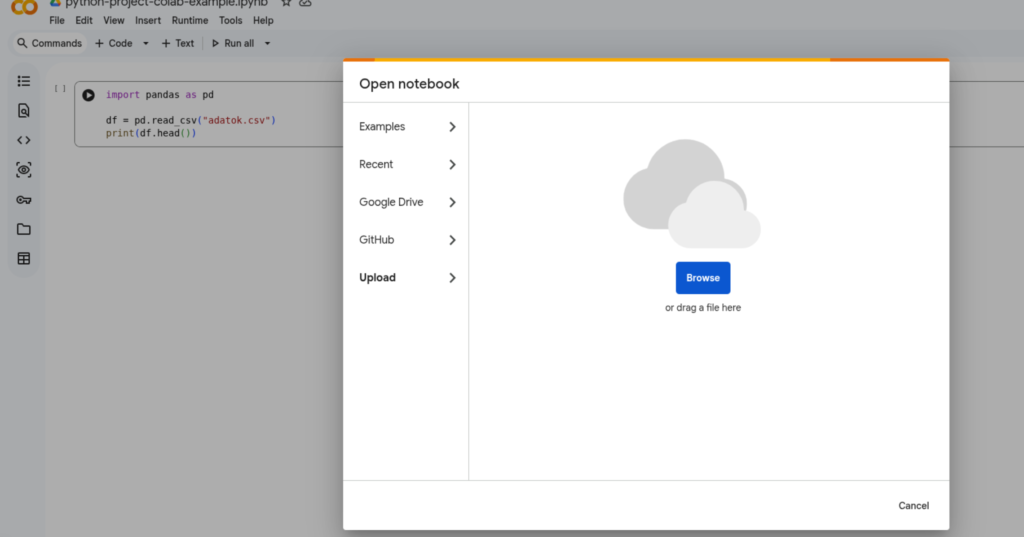 Google Colab új Notebook megnyitása vagy fájl feltöltése